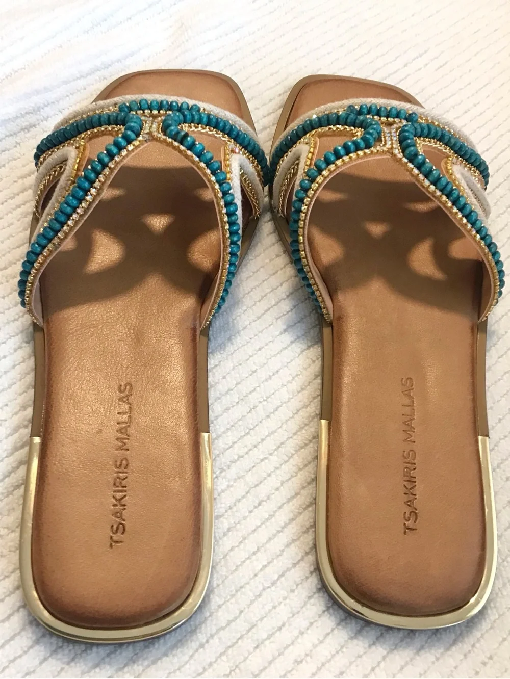 Tsakiris Mallas Greek Leather Flat Sandals Turquoise Beaded EU 41 US 10.5 NIB